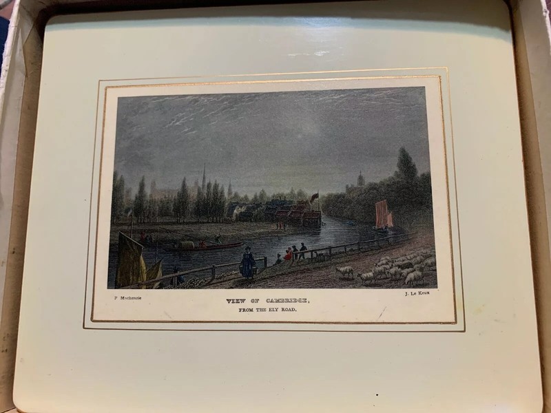 antique tea tray-View Of Cambridge, 1800s postcard by F. Mackenzie/J. Le Keux