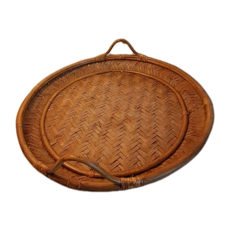 Vintage Wood Rope Rattan Serving Tray Butler Table Top 27" Round Ottoman tray gallery