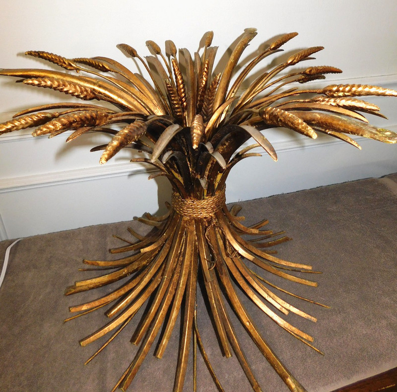 VINTAGE MCM HOLLYWOOD REGENCY SHEAF OF WHEAT GOLD METAL ACCENT TABLE BASE ONLY gallery