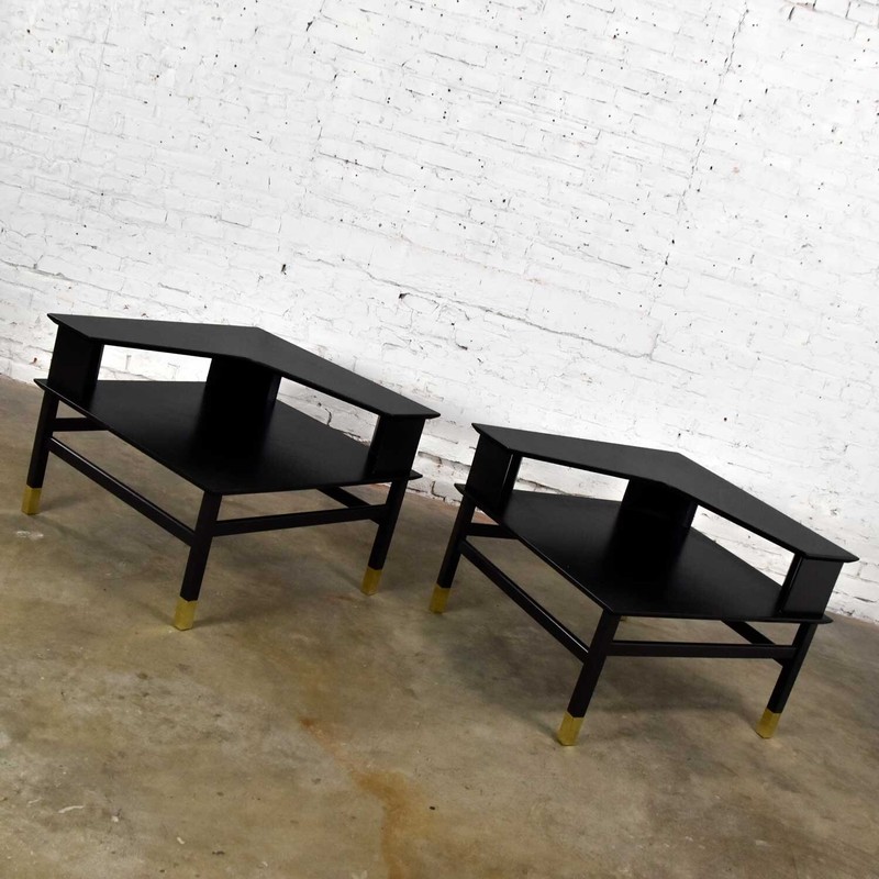 2 MCM Founders Corner Step Tables Black Brass Sabots Coronado Grp Luther Draper gallery