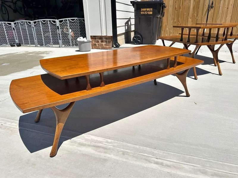 🍄 Mid-Century Modern 2-Tier Walnut Coffee Table & Side Table Set – Atomic Era