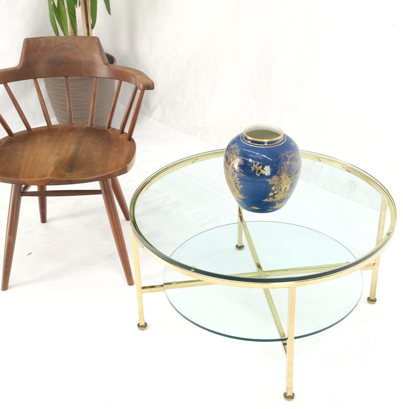Two Tier Cross Shape Brass Base Round Occasional Coffee Side End Table Stand gallery