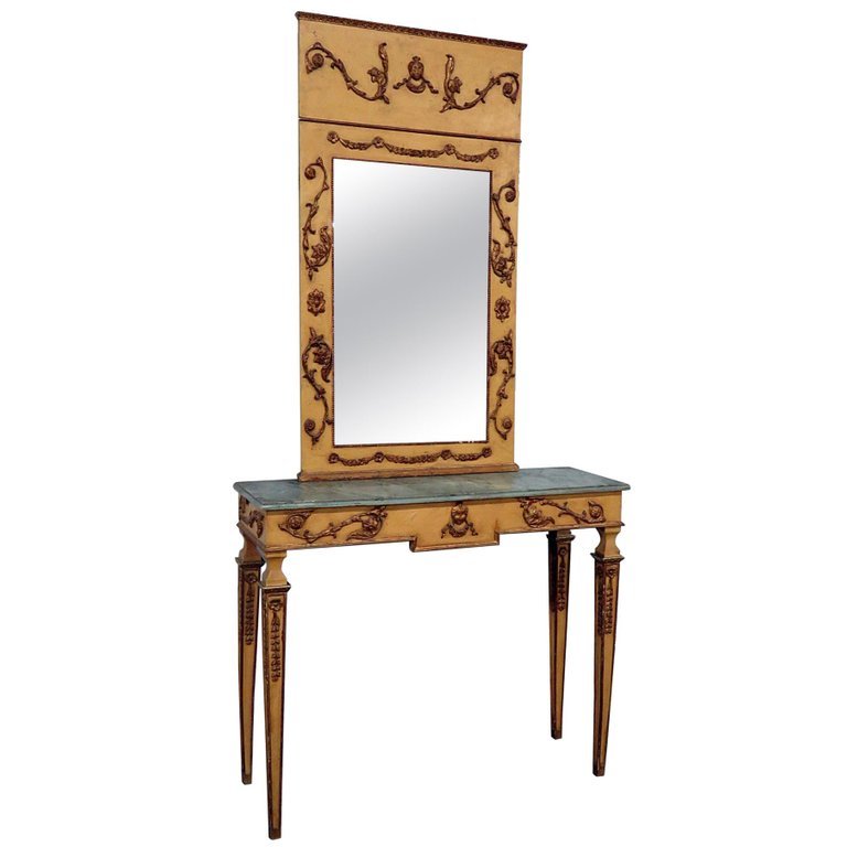 Faux Marble Italian Neoclassical Style Paint Decorated Console & Mirror