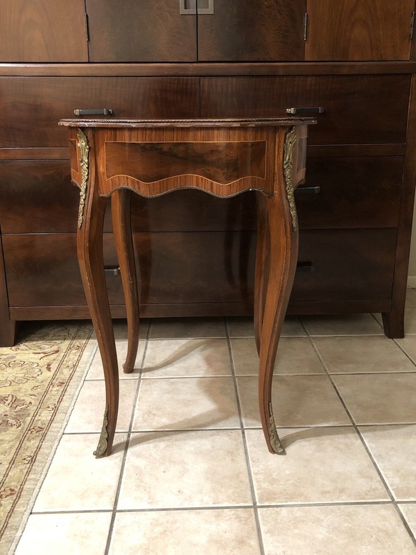 Antique French Louise XV Burl Table Brass Ormalu w/ Pedestal Legs Renaissance