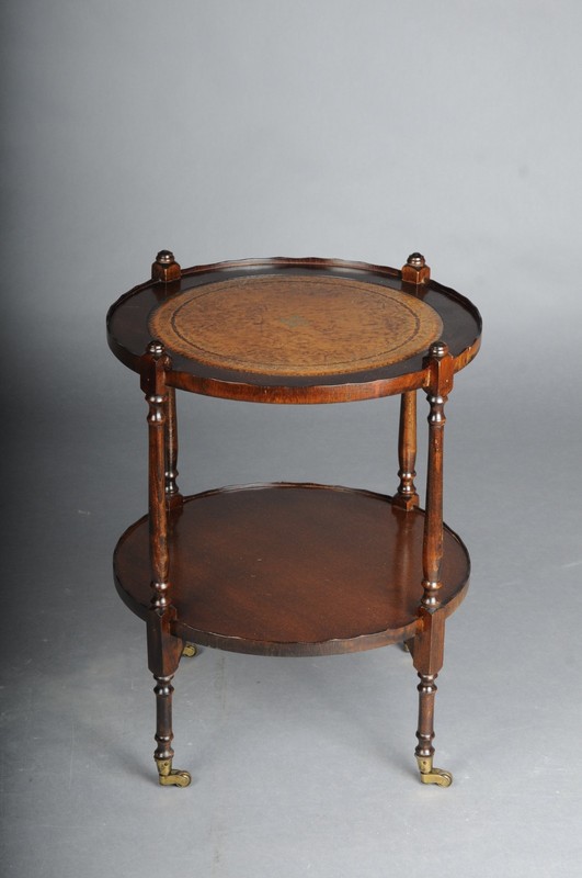 Round Side Table England 20th Century, Wooden Table With Leather Top & 4 Casters