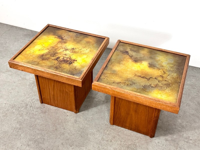 Vintage Mid Century Modern Walnut Glass Pedestal Side End Tables John Keal gallery