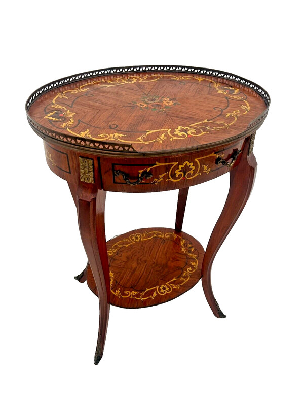 French Oval Table Entry Stand Shelf Drawer Geometric Inlays Hand painted Floral