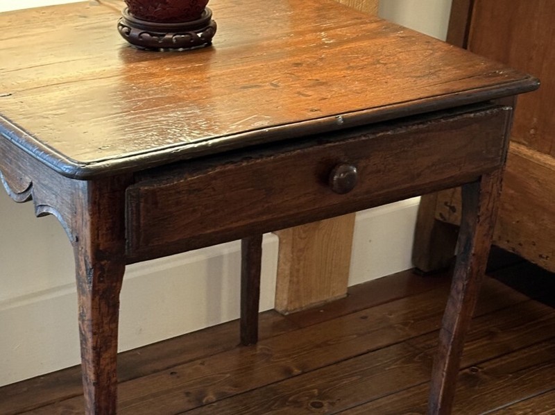 Authentic RARE 18th century French walnut single drawer table c 1760 wooden pins gallery