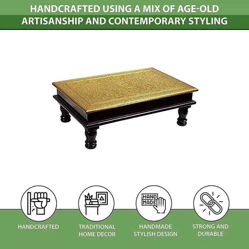 Wood & Brass Chowki Brass Work Pooja Stool Home Décor Sitting Table (18x12x6 in. gallery