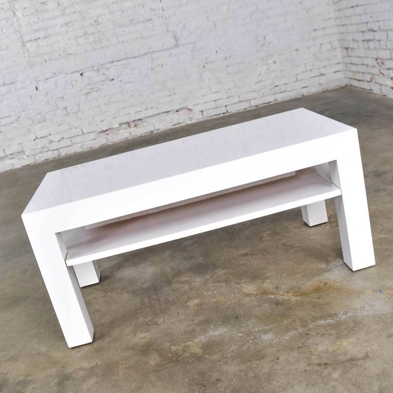 Mid-Century Modern Two-Tiered White Laminate Parson’s Style Coffee or End Table gallery
