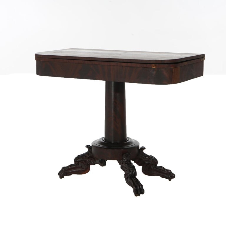 Neoclassical American Empire Flame Mahogany Game Table with Paw Feet c1840 gallery