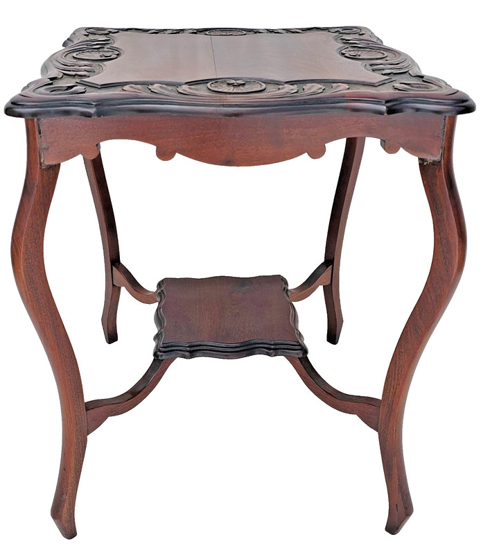 Antique English Solid Mahogany Lamp Table c1890 – Carved Shells, Cabriole Legs gallery
