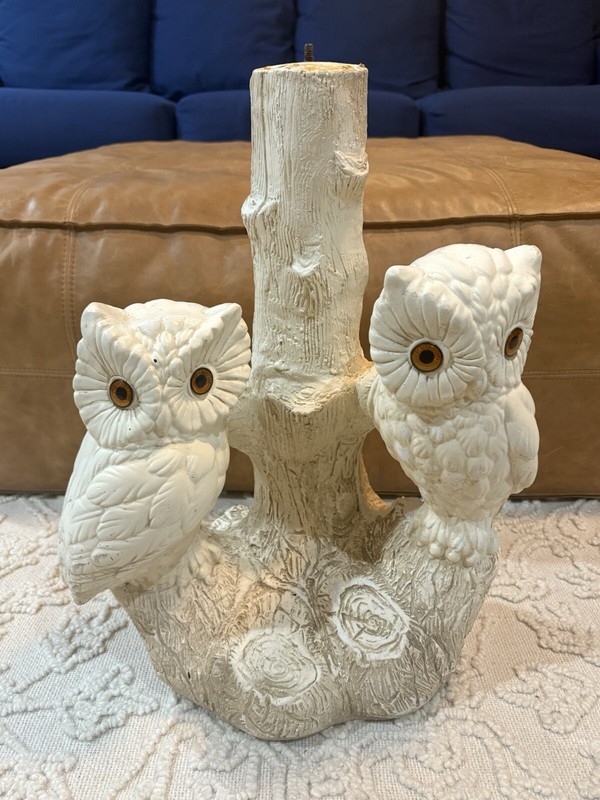 Vintage Mid Century 1970’s Chalkware 2 Owls on Tree Branch Side End Table Base