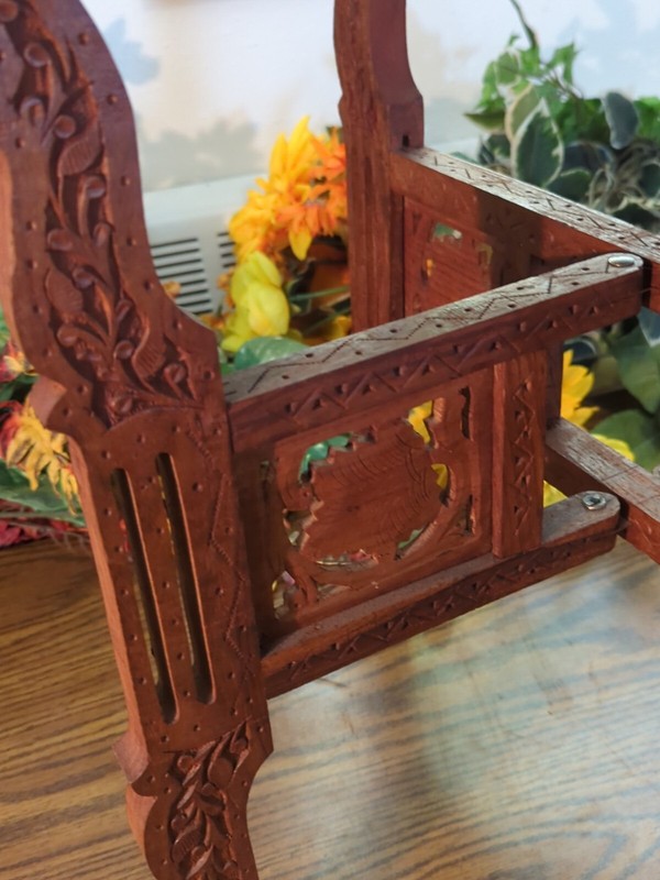 Vtg Side Coffee Table Brass Carved Wood MCM Large Round Asian Folding Base gallery