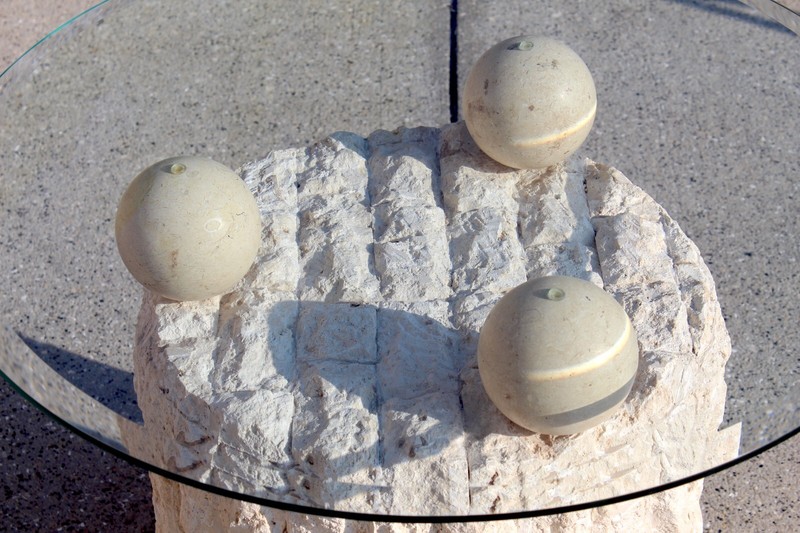 Vintage 1980s Postmodern Mactan Fossil Stone Round Side Table With Glass Top gallery