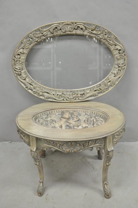 Vintage French Renaissance Walnut Gray Distress Painted Cherub Coffee Table gallery
