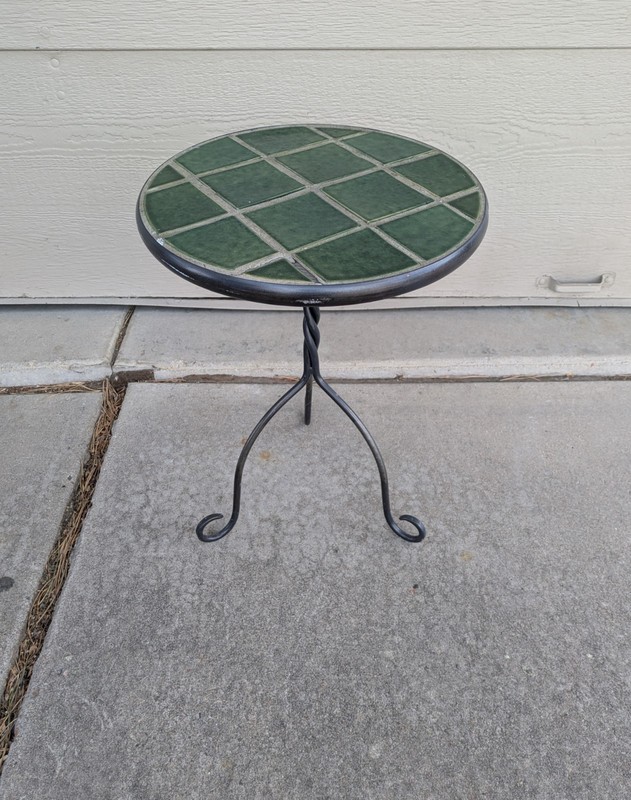 Vintage MCM Green Tile Top Twisted Wrought Iron Base Plant Stand Pedestal Table gallery