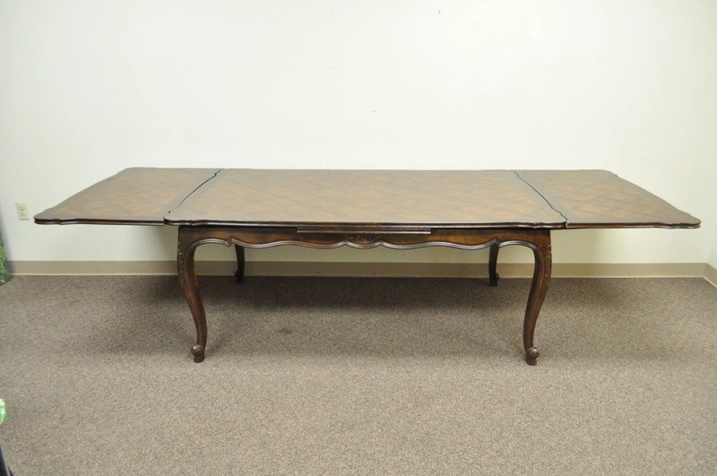 Vintage French Country Oak Parquetry Inlay Refectory Extension Leaf Dining Table gallery