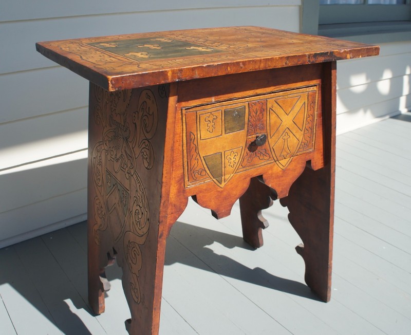 RARE ARTS & CRAFTS/ TUDOR REVIVAL SIGNED PYROGRAPHY TABLE W/ EXTENSIVE ORNAMENT gallery