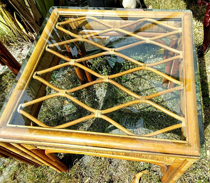 Vintage BAMBOO RATTAN 2 End Lamp Tables - Chic Regency elegant w glass gallery