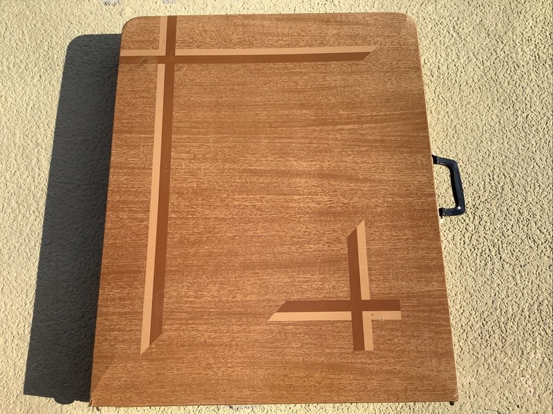 VINTAGE MCM WOOD GRAIN ALUMINUM FOLDING TABLE 48 x 24 x28 CAMPING RV FOLD AWAY