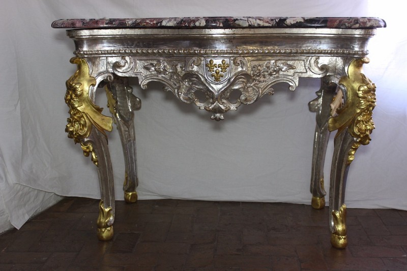 1800S 17Th Century Fleur-De-Lis Napoleon Era Louis XV Gilt-Wood Marble Table gallery