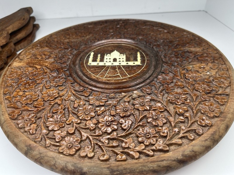 Rare Vintage India Tan Mahal Hand Carved Wood Foldable Table Ornate Inlay 13" gallery