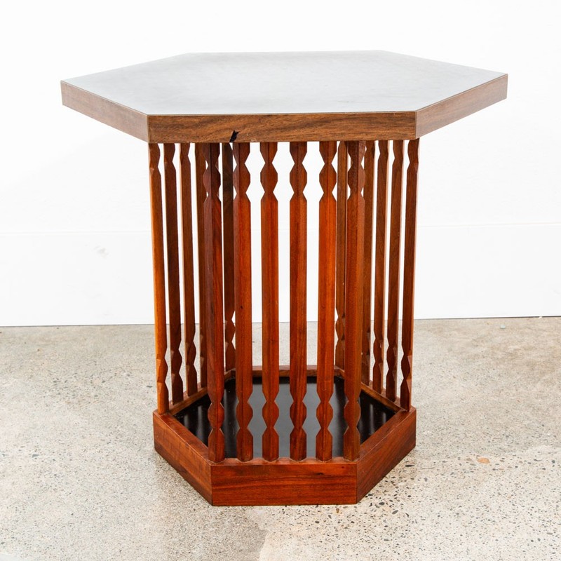 Mid Century Modern End Table Side Hexagon Arthur Umanoff Walnut Black Sculptural gallery