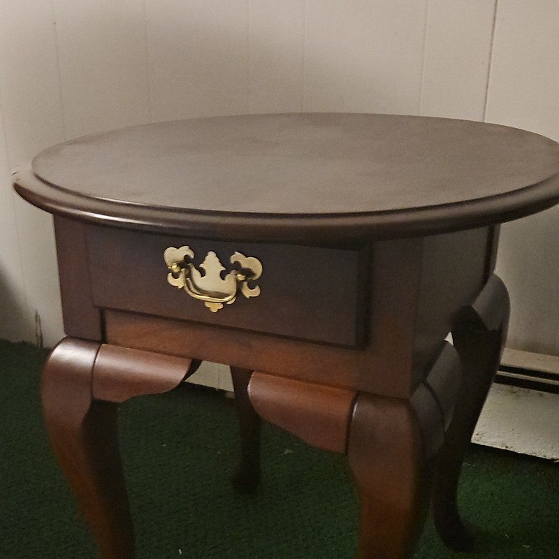 Refinished Vintage Queen Anne Round Wood Accent Table with Drawer Brass Handle