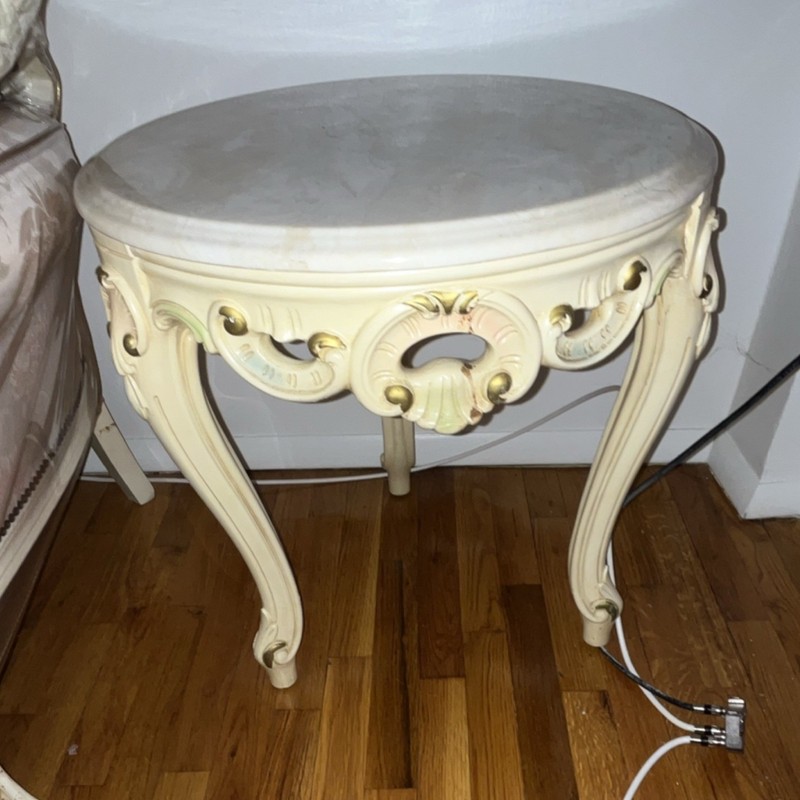 Baroque Style Marble Top Accent Table Beige Gold Ornate Wood Carvings Indoor