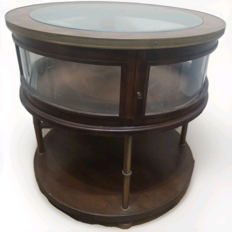 Antique Round Glass Top Wood Brass Pedestal Display Bijouterie Cabinet Table 22″