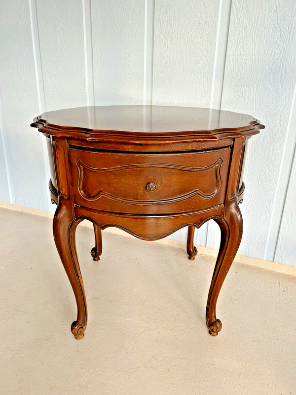 Louis XV Walnut Round Nightstand Scalloped Edge &Apron-French Side/End Table gallery