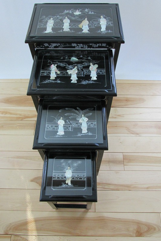 VINTAGE CHINESE NESTING/STACKING TABLES (4) MOTHER OF PEARL JADE STONE CARVINGS