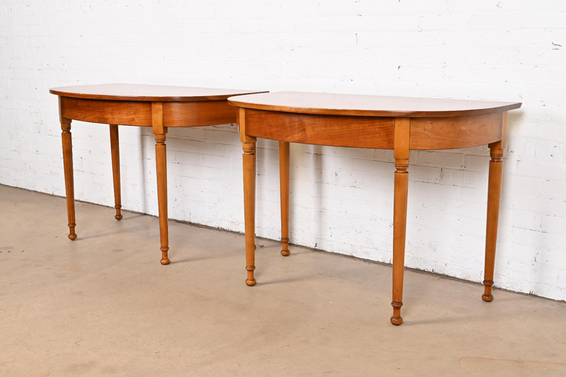 Stickley American Colonial Carved Cherry Wood Demilune Console Tables gallery
