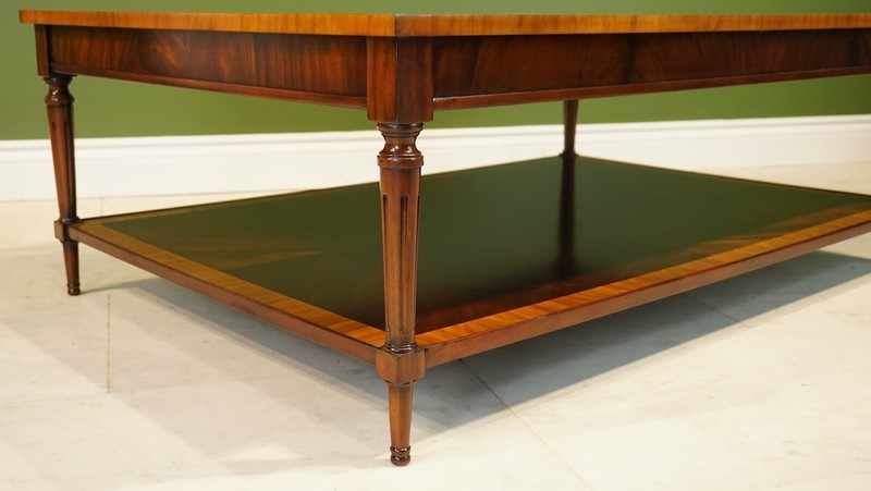 Rectangular Flamed Mahogany Coffee table with banding and lower shelf gallery