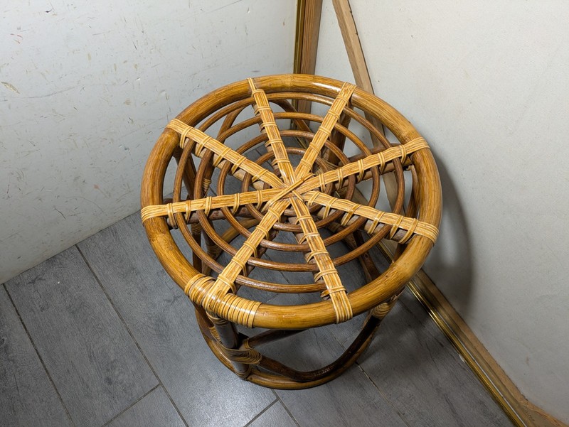 Vintage MCM Boho Chic Bamboo Rattan Round Table Stool Coastal Tiki Plant Stand gallery