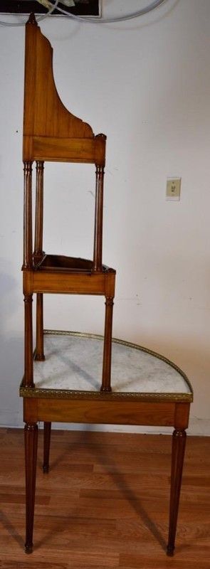 1910s Antique French Louis XVI Walnut & Marble top corner table with planters gallery