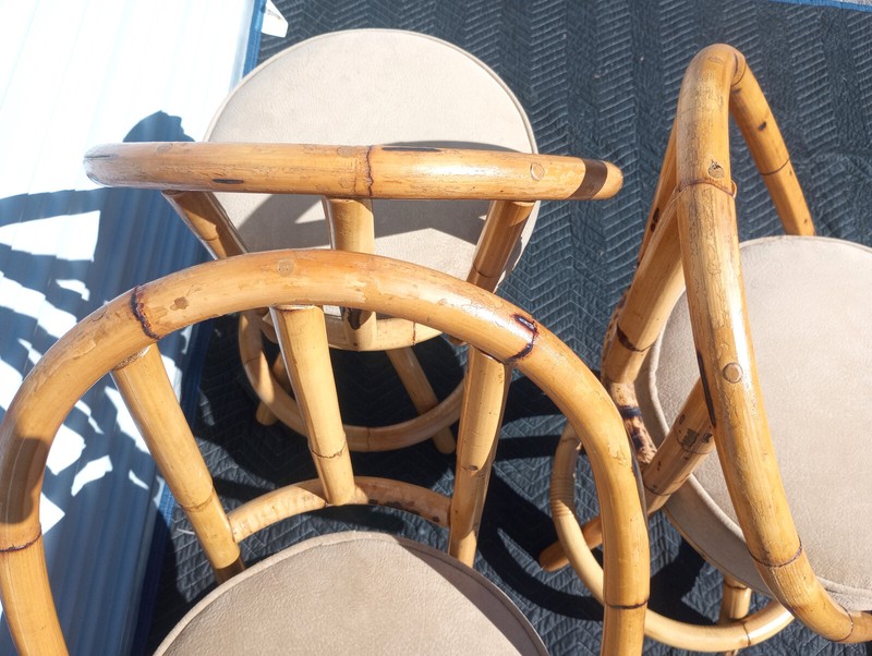 Vintage Mid Century Bamboo Rattan Set Of 3 Swivel Bar Stools gallery
