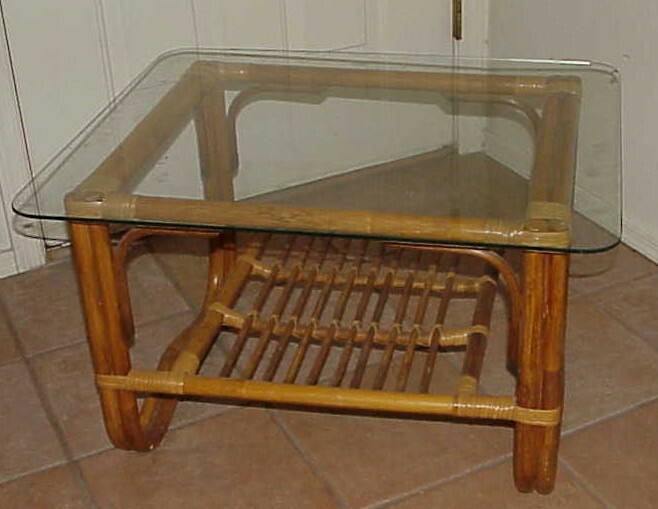 VINTAGE MID CENTURY 29" X 24" GLASS TOP BAMBOO ACCENT COFFEE TABLE W/SHELF gallery