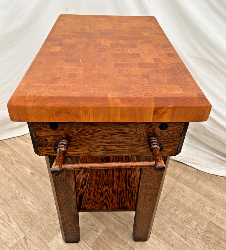 Vintage Butcher Block Carving Table Oak Base with Drawer Shelf End cut Maple top gallery