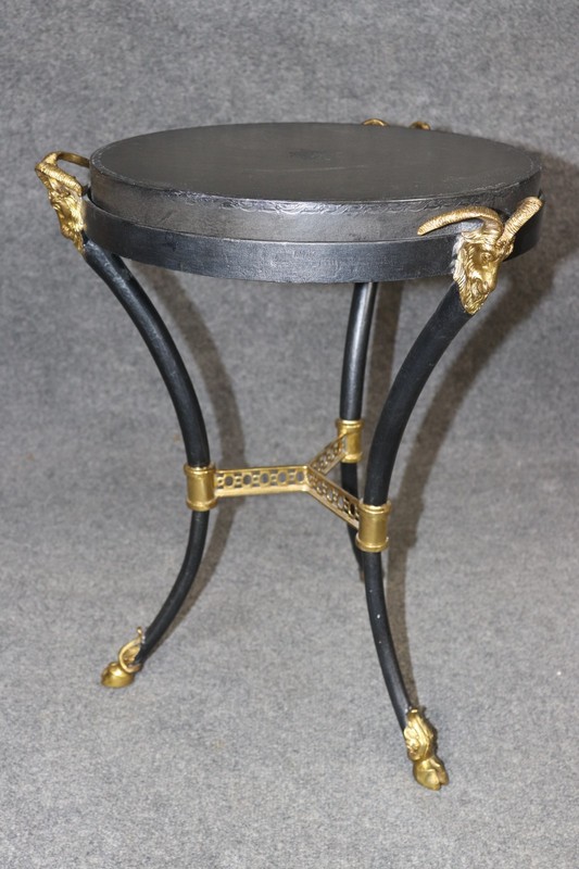 Hollywood Regency Style Leather Top Metal And Brass Rams head end Table gallery