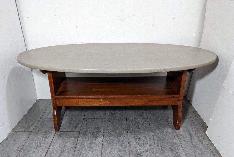 Vintage Ethan Allen Rustic Farmhouse Pine Wood Oval Coffee Table Painted Top gallery