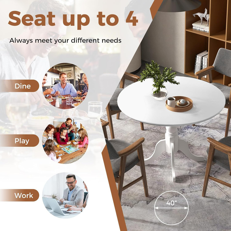White Round Dining Table, 39" D, Rubber Wood, 4-Person Kitchen & Dining Room gallery