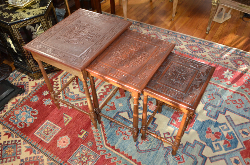 1920’s to 1930’s Nesting Tables Peruvian Inca Aztec Tooled Leather Tops
