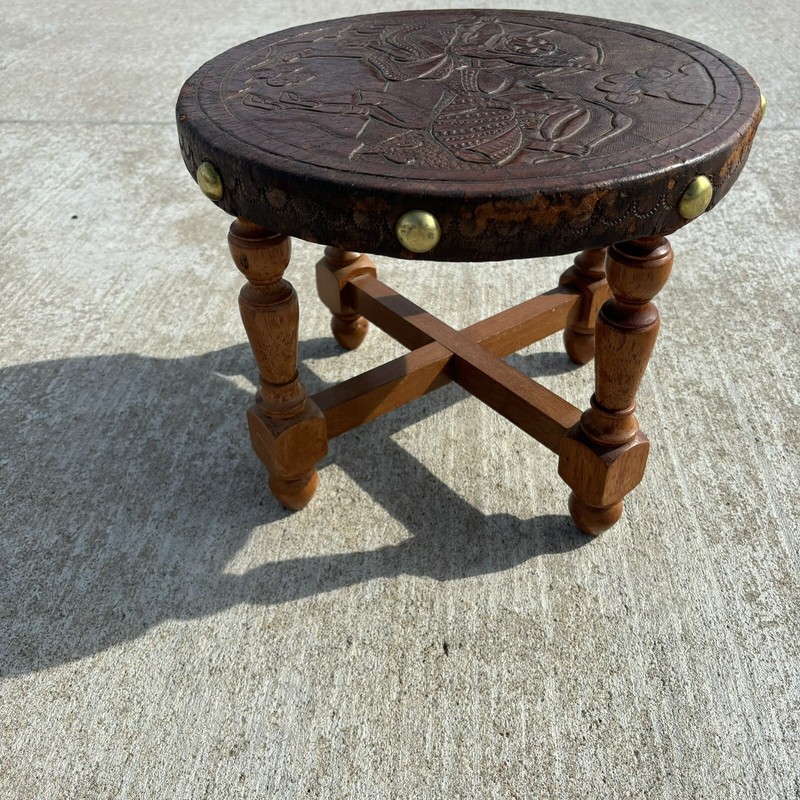Peruvian Hand Tooled Punched Leather South American Wooden Stool Vintage