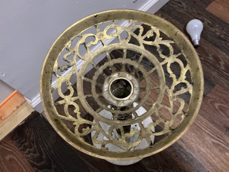 Vintage Reticulated Solid Brass Marble Top Freestanding Ashtray approx 18” gallery