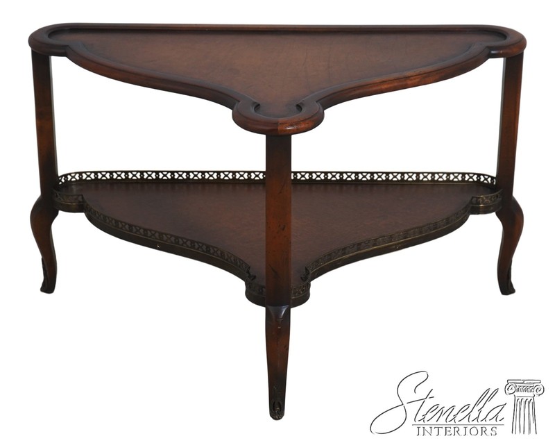 L72655: THEODORE ALEXANDER Leather Top 2 Tier Mahogany Triangle Table