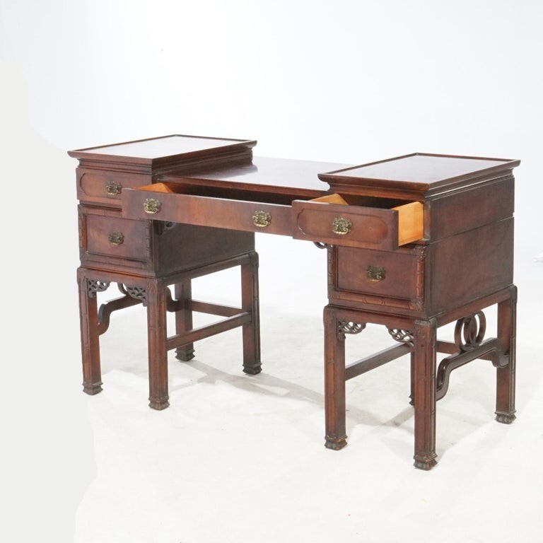 Antique Chinese Chippendale Mahogany Dressing Table With Mirror & Bench c1940 gallery