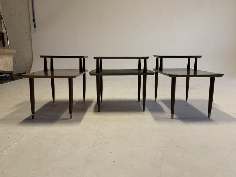 Mid Century Modern End Table Step Vintage 2 Tier Coffee Walnut Wood Tapered Legs gallery