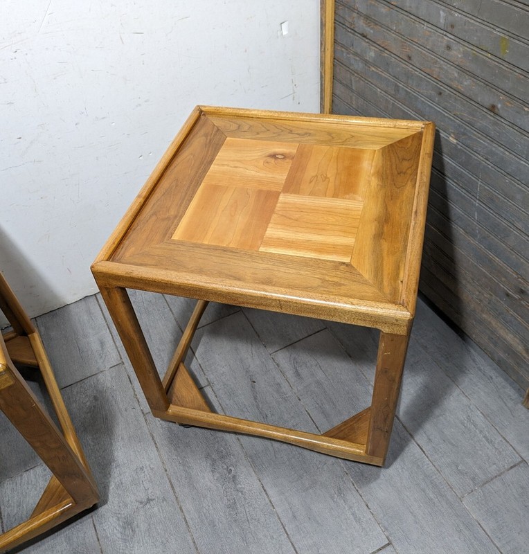 Vintage Pair of Mid Century Modern Square Cube Teak Wood Rolling End Tables gallery